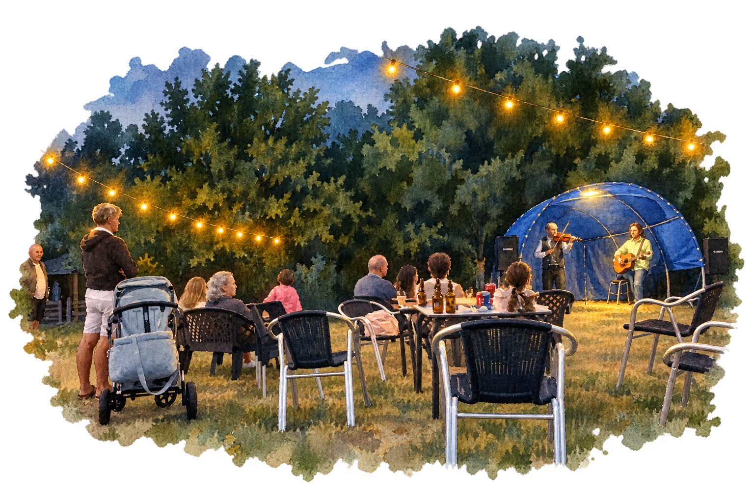 Acuarela del campo de conciertos con luces, público y un violinista tocando