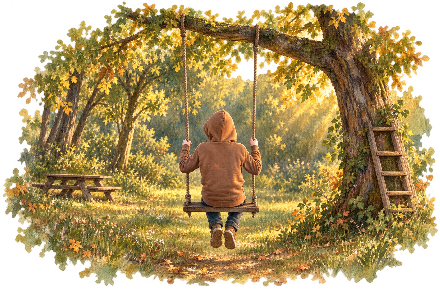Acuarela de la zona infantil: un columpio entre árboles, una escalera en el árbol y una mesa de pícnic.